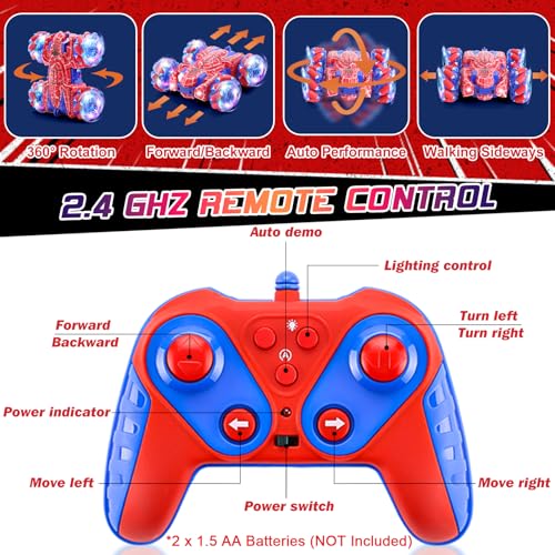 Gesture Sensing RC Stunt Car 2.4GHz Wholebody Light Double Sided RC Cars | Rechargeable Remote Control Car with Headlight Indoor Outdoor Spider Toy Birthday Gift Kids Boys Ages 4 to 13 - color: Dual Control Red