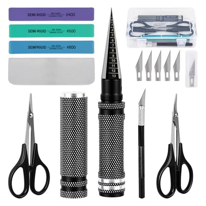 RC Car Body Reamer 0-14mm with Measurement Scale, Hole Punch Tool Kit with Curved & Straight Lexan Scissors, Hobby Knife for RC Shell Mounting, Trimming & Plastic Model Building（Black - color: Black