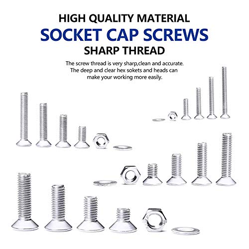NINDEJIN 880Pcs M2 M3 M4 M5 Stainless Steel Precise Metric Hex Socket Head Cap Machine Screws,Round Flat Socket Bolts and Nuts Set and Washers Assortment Kit +Wrench (Flat Head Cap) | 304 Stainless Steel, Bolts Nuts Flat Washers Screw Set, Corrosion Resi