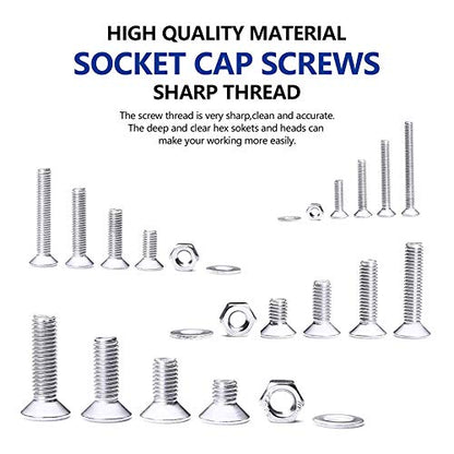 NINDEJIN 880Pcs M2 M3 M4 M5 Stainless Steel Precise Metric Hex Socket Head Cap Machine Screws,Round Flat Socket Bolts and Nuts Set and Washers Assortment Kit +Wrench (Flat Head Cap) | 304 Stainless Steel, Bolts Nuts Flat Washers Screw Set, Corrosion Resi