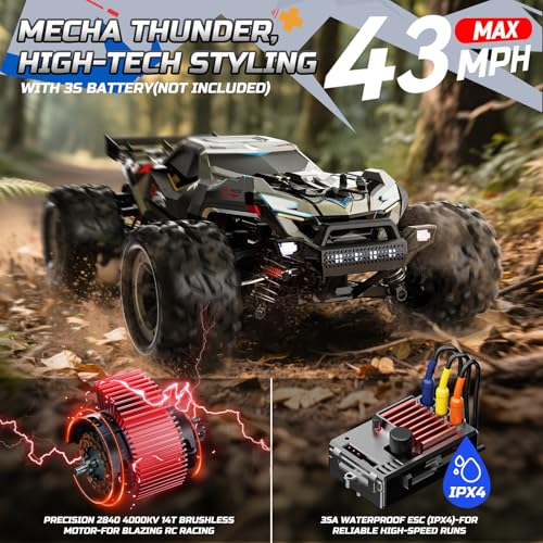 DEERC Brushless Fast RC Cars for Adults, 55KM/H, Compatible with 3S Battery | 1:18 Off-Road RC Truck, All Terrain 4x4 Racing Mecha Car, 50 Mins, Waterproof Remote Control Monster Truck, 308E