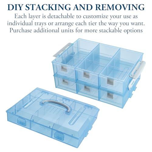 MyGift 11 Inch Sky Blue Transparent Arts and Crafts Sewing Supplies Storage Organizer Case with White Accents, 24 Customizable Compartments, 6 Drawers Removable Dividers - color: Aqua Blue