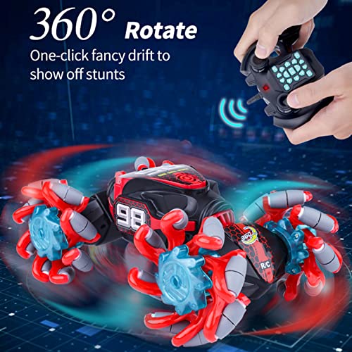 GoolRC Gesture Sensing RC Stunt Car, 4WD 2.4GHz Remote Control Car, Transformer Toy Cars with LED Lights, Double Sided Driving, 360?Rotating and Explosive Wheel for Adults (Red) - color: Red