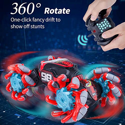 GoolRC Gesture Sensing RC Stunt Car, 4WD 2.4GHz Remote Control Car, Transformer Toy Cars with LED Lights, Double Sided Driving, 360?Rotating and Explosive Wheel for Adults (Red) - color: Red