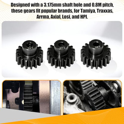 0.8M Pinion Gear Set Hardened Steel 3.175mm Shaft 16T 17T 18T Pinion Gears with Screws and Hex for Tamiya, Traxxas, Arrma, Axial, Losi, HPI 1/10 RC Car Brushless Brush Motor Upgrade - size: 16 17 18T