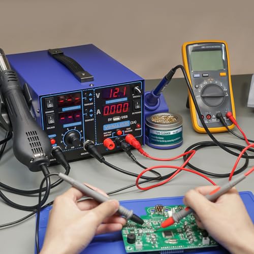 YIHUA 853D 2A USB SMD Hot Air Rework Soldering Iron Station, DC Power Supply 0-15V 0-2A with 5V USB Charging Port and 35 Volt DC Voltage Test Meter