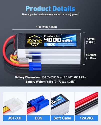 Zeee Premium Pro 6S 4000mAh Lipo Battery 22.2V 130C Ultra-Low Internal Resistance Soft Case Lipo Battery with EC5 Connector for RC Drone Helicopter Airplane RC Car Truck Boat Racing Models (2 Packs)