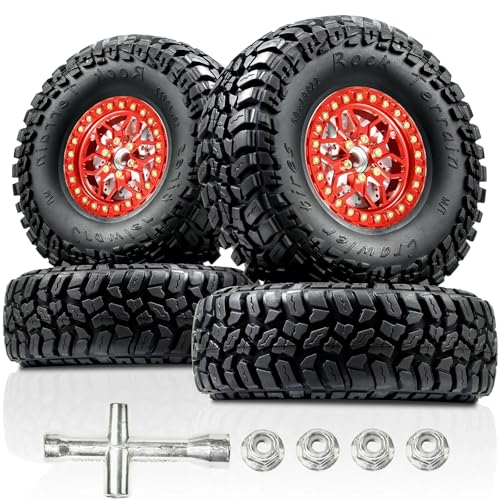 2.2" RC Crawler Beadlock Wheels & Tires Set, Soft Sticky Mud Terrain Tires 5.0x1.9, CNC Aluminum Rims 12mm Hex, 5.5mm Offset for TRX4 SCX10 TRX6 Gen8 - color: Red