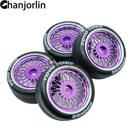 1/10 RC Drift Smooth Tires OD 2.56" & Aluminum Wheels 12mm Hex Hard Drift Racing Tyres for 1:10 1/12 Rally Street On Road Touring Car TT01 TT02 XV02 XV01 TA06 KYOSHO PTG2 4PCS (Purple) - color: Purple