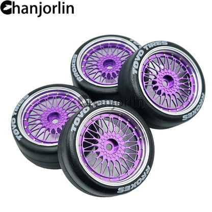 1/10 RC Drift Smooth Tires OD 2.56" & Aluminum Wheels 12mm Hex Hard Drift Racing Tyres for 1:10 1/12 Rally Street On Road Touring Car TT01 TT02 XV02 XV01 TA06 KYOSHO PTG2 4PCS (Purple) - color: Purple