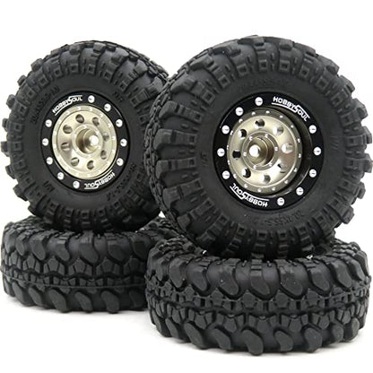 RC 1/24 Tires & Heavy Adjustable Offset 1.0 beadlock Wheels, 1.0 Wheels Rims and Tires for 1:24 RC Crawler Axial SCX24,(4-Pack, Assembled) - color: Black & Champagne