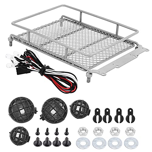 RC Crawler Roof Rack, Metal Luggage Carrier with LED Light, Simulation Accessories, Silver for Off-Road RC Cars and Trail Exploration Enthusiasts - color: Silver