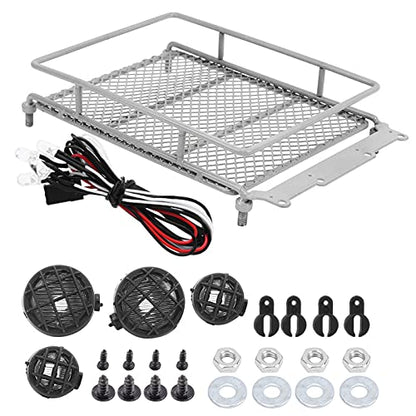 RC Crawler Roof Rack, Metal Luggage Carrier with LED Light, Simulation Accessories, Silver for Off-Road RC Cars and Trail Exploration Enthusiasts - color: Silver