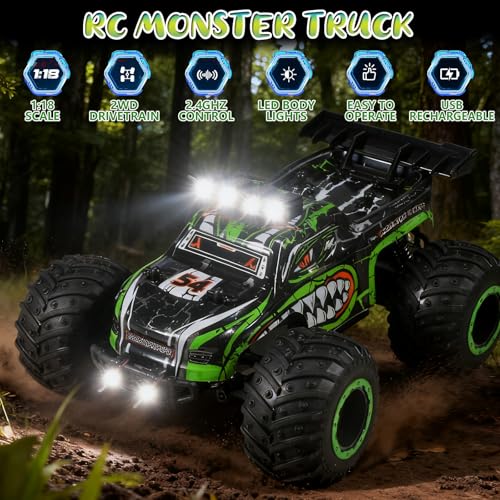 Remote Control Monster Truck for Kids: Off-Road RC Car with Headlights & Body Lights, 1:18, 20 km/h, 2WD, 2.4 GHz, All-Terrain, Rechargeable, High-Speed - Birthday for Boys Ages 4-12