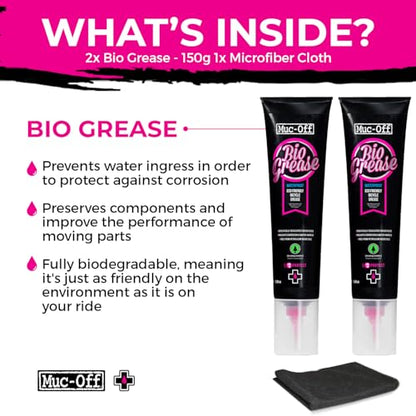 Muc-Off Bio Grease 150g (Pack of 2) with Microfiber Cloth | Premium Bike Grease for Bearings, Threads & Moving Parts | Reduces Friction, Prevents Corrosion & Water Ingress - size: 150g (Pack of 2)