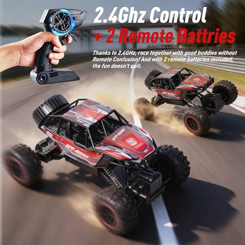 1:12 Large RC Monster Truck for Boys 8-12 with 2 Remote Batteries, 12 MPH Off-Road Remote Control Truck with Light, RC Car Toy Gift for Kids 8-12, 2 Rechargeable Car Batteries