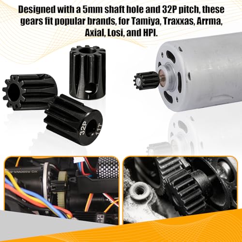 32P 11T RC Car Gear Set | 45# Steel Black Oxide | 5mm Bore +0.03mm | Precision Engineered Motor Pinion Gear Compatible with Traxxas/ARRMA/HPI/Kyosho (3-Pack with M4 Set Screws) - style: 3Pcs 11T