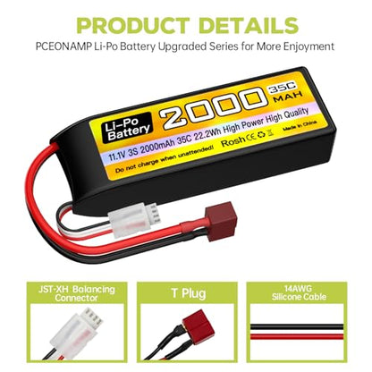 sea jump 3S Lipo Battery 11.1V 2000mAh 35C with T Plug and USB Charging Cable Suitable for RC Car Truck Boat， RC Quadcopter Aircraft, FPV Drone Battery