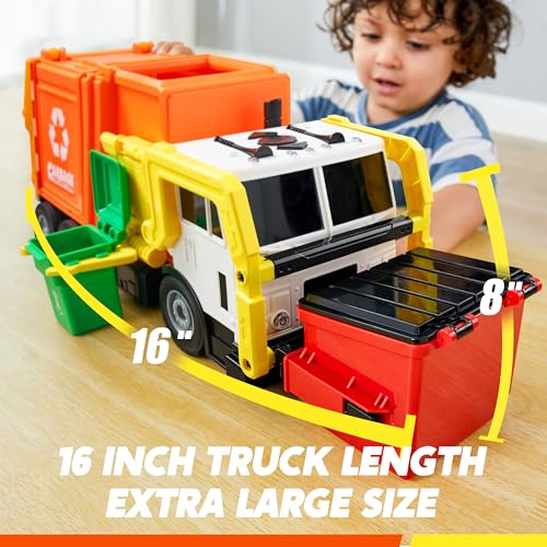 JOYIN Large Friction Powered Garbage Truck Toy Set, Includes Dumpster, Trash Bins, and Learning Cards for Kids, Orange - color: Orange