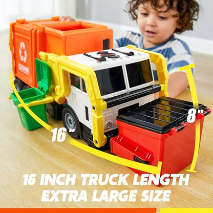 JOYIN Large Friction Powered Garbage Truck Toy Set, Includes Dumpster, Trash Bins, and Learning Cards for Kids, Orange - color: Orange