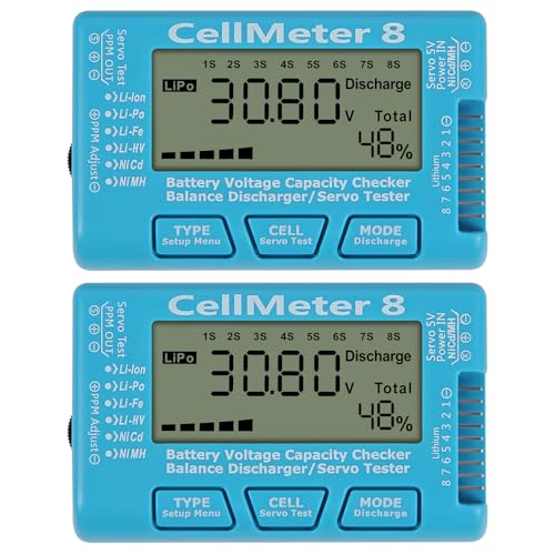 2PCS RC CellMeter 8 Digital Battery Capacity Checker Battery Voltage Tester LCD Backlight for LiPo Life Li-ion NiMH Nicd Cell Meter Battery Checker (8 in 1 cellmeter)