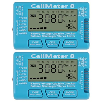 2PCS RC CellMeter 8 Digital Battery Capacity Checker Battery Voltage Tester LCD Backlight for LiPo Life Li-ion NiMH Nicd Cell Meter Battery Checker (8 in 1 cellmeter)