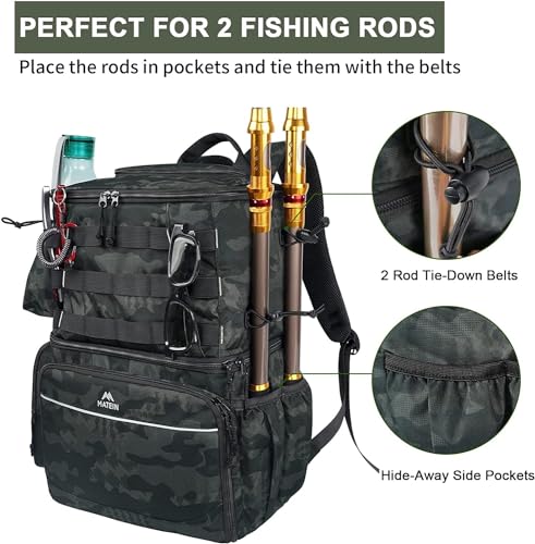 MATEIN Fishing Backpack, Tackle Storage Bag with Rod Holders & Cooler | Water Resistant Fishing Bag Fits 4 3600 Trays, Large Wide Open Tackle Box Backpack, Gifts for Fishermen - color: Camouflage