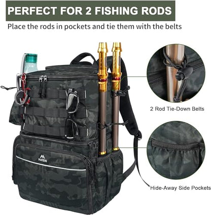 MATEIN Fishing Backpack, Tackle Storage Bag with Rod Holders & Cooler | Water Resistant Fishing Bag Fits 4 3600 Trays, Large Wide Open Tackle Box Backpack, Gifts for Fishermen - color: Camouflage