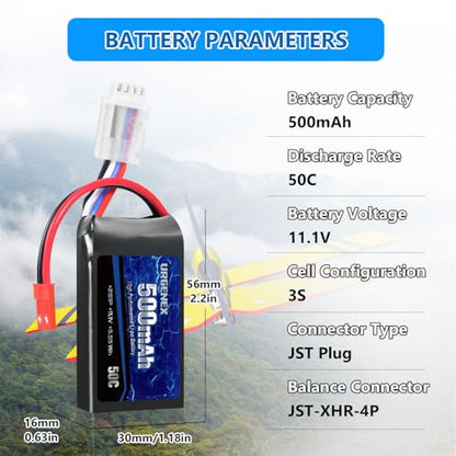11.1V 500mAh Lipo Battery 3S 50C High Discharge Rate RC Battery Pack with JST Plug Rechargeable Lipos for RC Airplane Racing Drone Helicopter Quadcopter Micro FPV RC Car Truck Boat (2 Packs)
