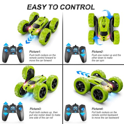 QUNREDA Remote Control Car for Kids Ages 6+, RC Cars Stunt Car Toy 4WD Double Sided 360° Rotating Remote Control with Headlights, Birthday Xmas Gifts for Boys 6 7 8 9 10 11 12 Green - color: Green