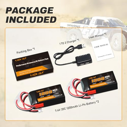 SCX24 Battery 7.4V 1200mAh Lipo Battery 2S 35C(Burst 70C) with PH2.0 JST Plug with 1TO2 USB Charger Fit for SCX24 RC Car WLtoys A949 A959 A969 A979 K929 and Most 1/10 1/16 1/18 1/24 RC Truck