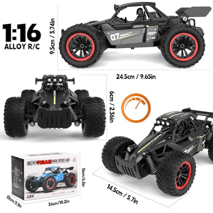 Remote Control Car for Boys 8-12, 1:16 Scale Metal Shell RC Monster Truck, 25+ KM/H Fast Off Road RC Cars with LED Lights, All Terrain Electric Toy Vehicle Birthday Gifts for Kids Boys Girls 6-12 - color: Black