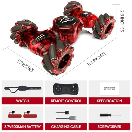 Tecnock Remote Control Car for Boys Girls, 2.4GHz 4WD Gesture Sensing RC Stunt Car Toys - 360° Rotating Double Sided Hand Controlled RC Cars with LED Lights, Gifts for Kids Ages 6-8, 8-12 - color: Deep Red
