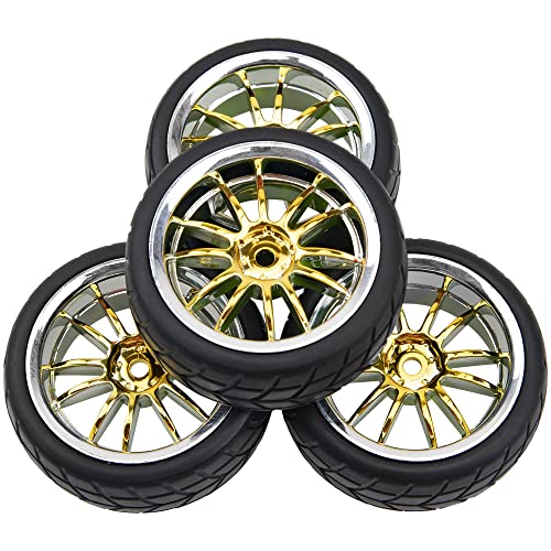 4Pcs 2.59in Rubber Tires & 12mm Hex Plastic Wheel Rims Set 14-Spoke w/Foam Compatible with Traxxas Kyosho HPI Tamiya Associated 1/10 RC On-Road Touring Car (Yellow) - color: Yellow