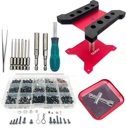 RC Car Repair Work Stand Repair Tool Set 360 Degree Rotation and 600 PCS RC Screws Kit and Screws Pallet Kit and RC Screwdrivers for 1/8 1/10 1/12 1/16 1/18 RC Car Truck Crawler (red) - color: Red
