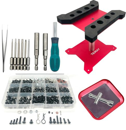 RC Car Repair Work Stand Repair Tool Set 360 Degree Rotation and 600 PCS RC Screws Kit and Screws Pallet Kit and RC Screwdrivers for 1/8 1/10 1/12 1/16 1/18 RC Car Truck Crawler (red) - color: Red