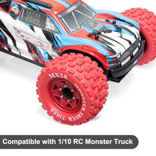 LRFHL MX28 F/R 2.8" RC Monster Truck Tires and Wheels 4PCS, Red | 12mm/14mm Hex Adapter, 1/10 RC Monster Truck, Compatible with Traxxas Stampede Rustler Redcat Arrma Vorteks Big Rock Granite - color: Red Tires+ Red Hex Wheel-3