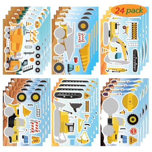 24 Sheets Make Your Own Construction Vehicle Stickers, Make-a-face Stickers | Engineering Vehicles Stickers for Kids Boys, Fire Trucks Excavator Construction for Kids Construction Themed Party Favors - style: Construction Vehicle