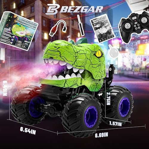 BEZGAR Monster Truck Toys, 1:20 Remote Control Car with Spray, Light, Music | Green Dinosaur Toys for Kids, 1:20 Scale RC Truck with 360° Spins and Drifting, Car Toys Gifts for Boys 4-7 - color: Green