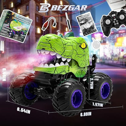BEZGAR Monster Truck Toys, 1:20 Remote Control Car with Spray, Light, Music | Green Dinosaur Toys for Kids, 1:20 Scale RC Truck with 360° Spins and Drifting, Car Toys Gifts for Boys 4-7 - color: Green