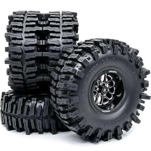 HOBBYSOUL RC 2.2'' beadlock Wheels and Tires - 5.9'' Tall Mud Slingers XL | -11mm negative offset beadlock wheel Black rims, T8 Compound Tire, For 1/10 RC Crawlers Truck Upgrades - color: Black, size: 150mm / 5.9inch Tall