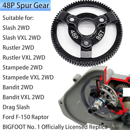 RC 48P 86T Spur Gear Hardened Steel Spur Gear Upgrades Part for Traxxas 1/10 Slash Stampede Rustler Bandit 2WD VXL XL-5 F-150 SVT, (86T) - size: 48P-Spur Gear-86T