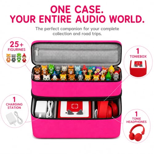 Bevegekos 2-Layer Carrying Case for Toniebox Gen 1 & 2, Holds 25+ Figures | 600D polyester, foam-padded interior, fits headphones & charging station, adjustable strap, perfect for travel and daily use - color: Rosy