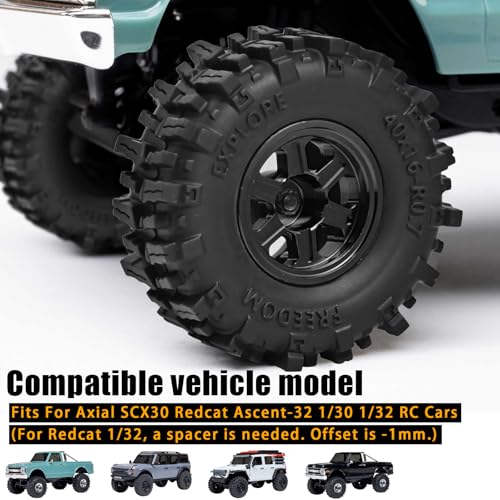 0.7” FS6 Super Soft Rubber Tires & CNC -1mm Offset Aluminum Beadlock Rims, 40×16mm Micro Crawler Wheels Tires Set for Axial SCX30 Redcat Ascent-32 1/30–1/32 RC Crawler, 4PCS Black - color: Black