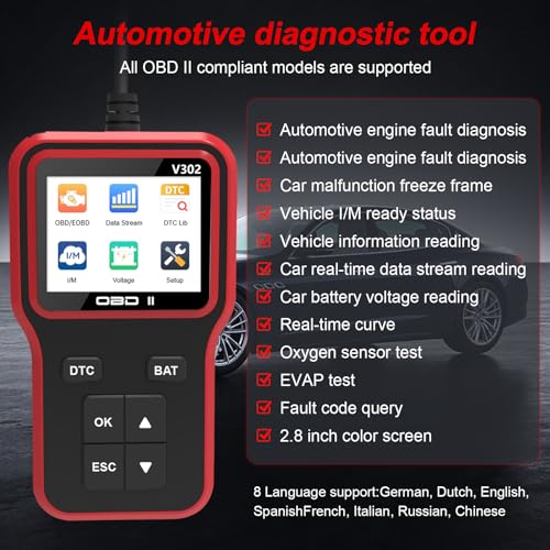 OBD2 Scanner Diagnostic Tool, Car Code Reader and Battery Tester | Checks engine light, reads and clears error codes and emissions readiness on OBD II vehicles since 1996 - color: Red