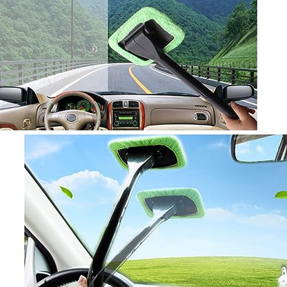 Augeny Car Windshield Cleaning Tool, Microfiber Window Cleaner Set with 4 Washable and Reusable Cloth Pad Head, Detachable & Unbreakable Handle and Spray Bottle, Universal Car Glass Cleaner Kit