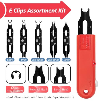 E Clips Assortment Kit with Removal and Installation E Clip Tool - E Clips Tool 350Pcs E Clips on 7 Sizes - 1.5mm 2mm 2.5mm 3mm 3.5mm 4mm 5mm Clip Rings E Clips Tool
