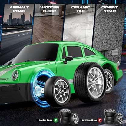 RC Drift Car 1:24 Scale, 4WD Remote Control Car with LED Lights 20KM/H High Speed, Dual-Mode Racing & Drifting Toy Car with 2 Batteries, Gift for Kids & Adults, Green - color: Green