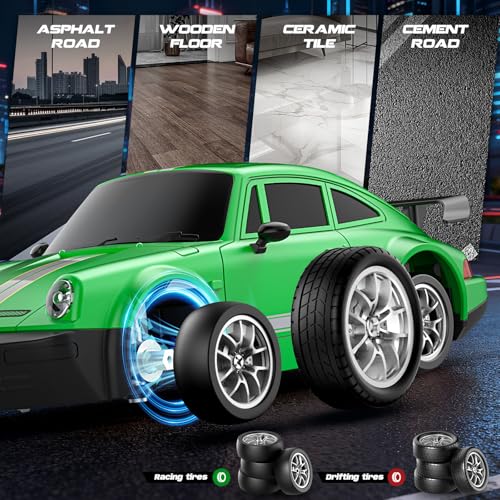 RC Drift Car 1:24 Scale, 4WD Remote Control Car with LED Lights 20KM/H High Speed, Dual-Mode Racing & Drifting Toy Car with 2 Batteries, Gift for Kids & Adults, Green - color: Green