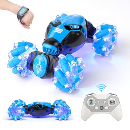 RC Stunt Car Toys for 6-12 Year Old Kids - 4WD Remote Control Watch - Gesture Sensor - Double Sided Rotating RC Car - Lights, Music - Perfect for Boys & Girls' Birthday-(Blue)